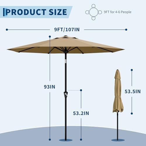 9FT Umbrella Outdoor Patio with Push Button Tilt and Crank, 8 Sturdy Ribs
