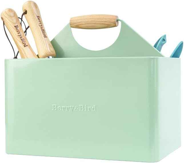 Berry&Bird Garden Tool Organizer, Metal Garden Caddy with 4 Compartments | Gardening Tools Box for Indoor & Outdoor, Wooden Handle Garden Tool Basket, Practical Gardener Gift for Gardening Lovers