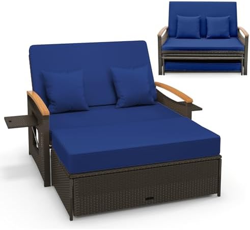 LDAILY Moccha Outdoor Wicker Daybed, Patio Rattan Loveseat Sofa w/ 4-Level Adjustable Backrest, Folding Panels, Storage Ottoman & Cushions, Lounge Furniture Set for Poolside Backyard Porch (Navy)