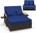 LDAILY Moccha Outdoor Wicker Daybed, Patio Rattan Loveseat Sofa w/ 4-Level Adjustable Backrest, Folding Panels, Storage Ottoman & Cushions, Lounge Furniture Set for Poolside Backyard Porch (Navy)