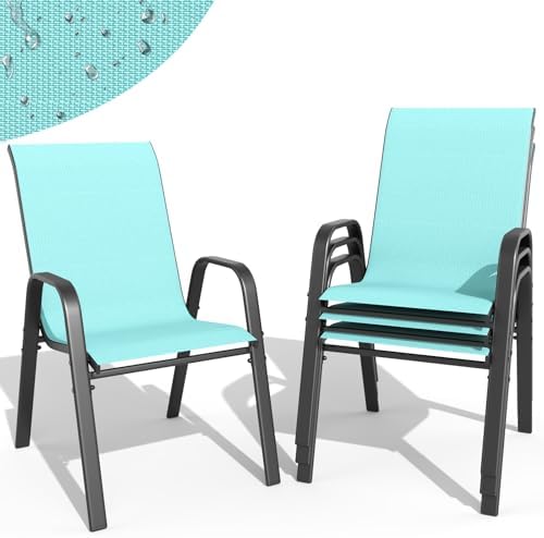 Patio Dining Chairs Set of 4 Outdoor Stackable Dining Chairs for All Weather 350lbs Capacity Heavy Duty Textilene Fabric Rustproof Metal Frame Patio Furniture for Backyard Garden Poolside (Blue green)