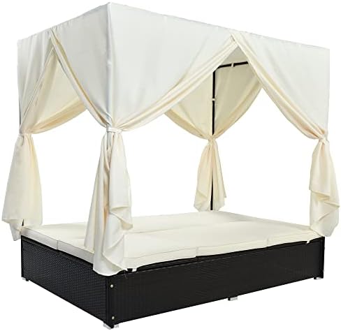 Wicker Metal Outdoor Patio Daybed with Canopy, Outside Poolside Chaise