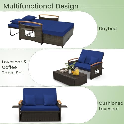 LDAILY Moccha Outdoor Wicker Daybed, Patio Rattan Loveseat Sofa w/ 4-Level Adjustable Backrest, Folding Panels, Storage Ottoman & Cushions, Lounge Furniture Set for Poolside Backyard Porch (Navy)