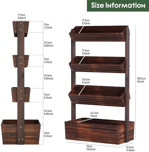 4-Tier Vertical Wooden Raised Garden Bed, herb garden planter, Carbonized