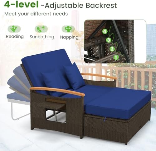 LDAILY Moccha Outdoor Wicker Daybed, Patio Rattan Loveseat Sofa w/ 4-Level Adjustable Backrest, Folding Panels, Storage Ottoman & Cushions, Lounge Furniture Set for Poolside Backyard Porch (Navy)