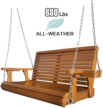 Wooden Porch Swing 2-Seater, High Backrest and Deep Seat, Bench Swing with Cupholders, Hanging Chains and 7mm Springs, Heavy Duty 880 LBS, for Outdoor Patio Garden (Cedar Tone - 4 FT Extra Large)