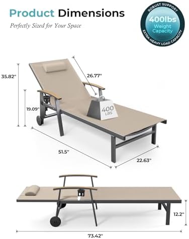 Ciokea Outdoor Lounge Chair with Pillow, 5-Position Aluminum Chaise Lounge with Wheels & Armrests, 400 lbs Heavy Duty Patio Pool Chair for Deck, Backyard, Beach & Poolside, Khaki