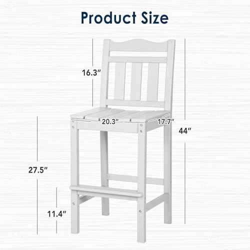 nalone Outdoor Bar Stools Set of 2, HDPE Tall Adirondack Chairs Bar Chairs, Weather Resistance Bar Height Chair for Balcony, Garden, Yard, Backyard (White, Bar Chairs Set of 2)