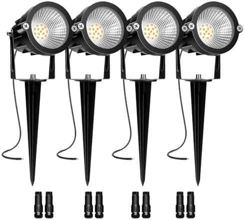 Low Voltage Landscape Lights, 10W 12/24V 2700K Warm White Landscape Lighting, IP65 Waterproof Outdoor LED Spotlight for Garden Yard Tree, 4 Pack with Connectors