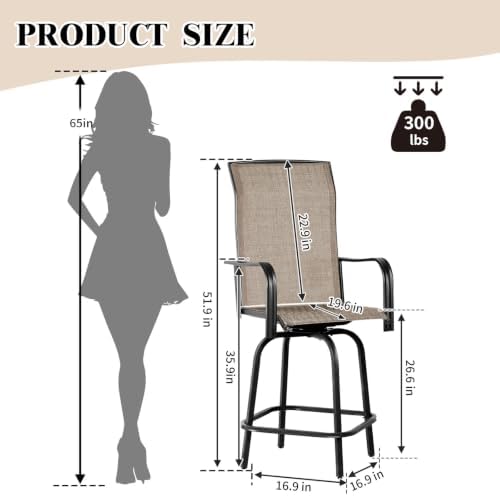 Outdoor Bar Stools Set of 2, 26.6" Seat Height Patio Bar Stools, All Weather Bar Height Swivel Patio Chairs with High Back for Bistro, Patio, Garden