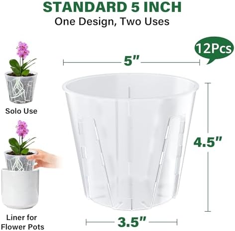 MIXC Side-Open Orchid Pot with Holes for Easy Repotting, 12 Packs 5 Inch Clear Plastic Breathable Slotted Flower Plant Nursery Planters with Drainage for Optimal Root Health Indoor Outdoor
