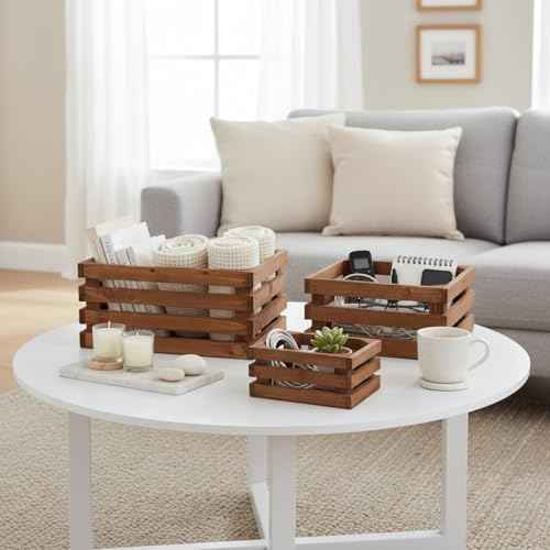Set of 3 Nesting Wooden Storage Crates - Rustic Wooden Storage Crates for Display Brown Wood Container Boxes Wood Baskets for Farmhouse Flower Stand Display Rack for Shops or Exhibitions Home Decor