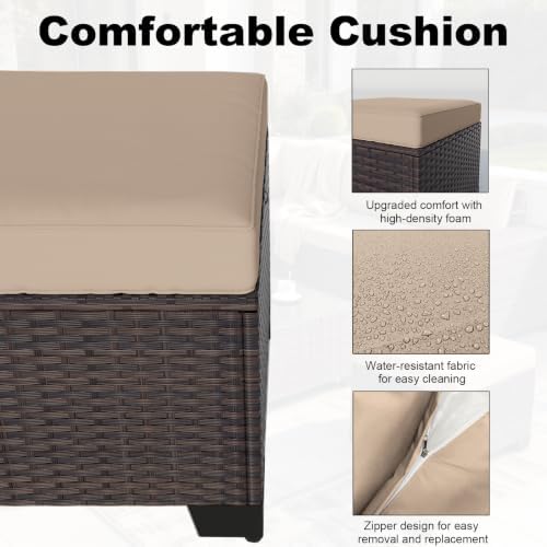 2 Pieces Wicker Ottomans, All Weather Rattan Patio Ottoman with Removable Cushion, Outdoor Footstools, Additional Seating, Side Table, Multipurpose Outdoor Furniture for Patio, Balcony, Khaki