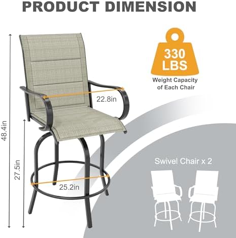 Outdoor Swivel Bar Stools Set of 2, Bar Height Patio Chairs with High Back & Armrest, All-Weather Textilene Fabric 360° Swivel Tall Barstools for Patio, Deck, Backyard, Garden