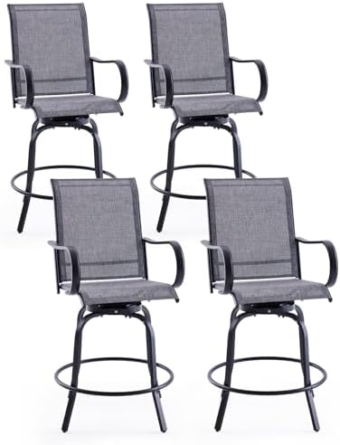 Patio Swivel Bar Stools Set of 4，All-Weather Outdoor High Bistro Stools with Textilene Fabric for Outside, Beach, Lawn, Poolside and Garden (Grey/Brown)