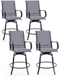 Patio Swivel Bar Stools Set of 4，All-Weather Outdoor High Bistro Stools with Textilene Fabric for Outside, Beach, Lawn, Poolside and Garden (Grey/Brown)