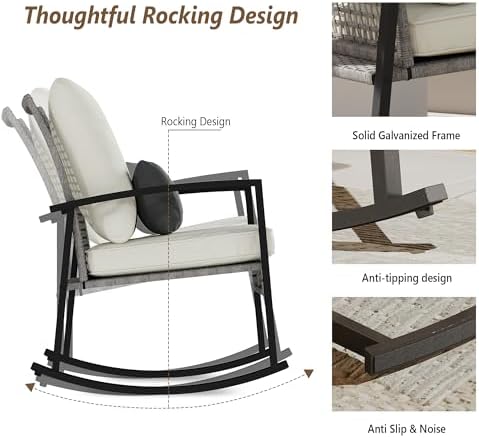 3 Piece Patio Rocking Chairs Set of 2, Outdoor Rocking Chair Bistro Set with Tempered Glass Coffee Table and Thick Lumbar Pillow Set, Front Porch Chairs for Garden, Backyard (Gray Rattan)