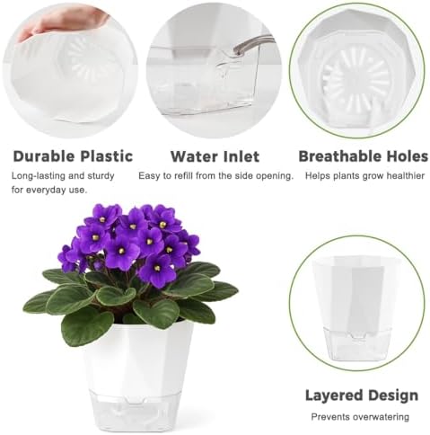 2 Pack Self Watering Pots for Indoor Plants, 8.4 Inches Self Watering Planters Large African Violet Self Watering Clear Pots for Plants Large Herb Orchid Flower Houseplant Pots, White