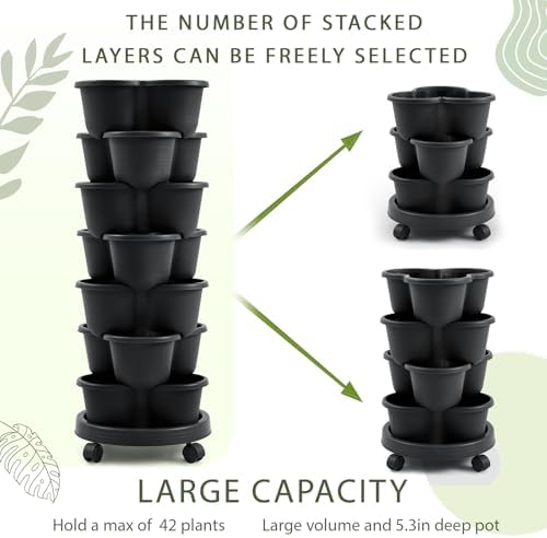 Umigy 2 Set Black 7 Tier Stackable Vertical Planters with Removable Wheels and Tools Tower Planters Strawberry Herb Flower Vegetable Pots Indoor Outdoor Gardening Pots