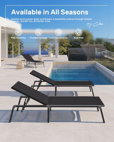 Ciokea Aluminum Chaise Lounge Ourdoor, Foldable & Assemble Free Outdoor Lounge Chair with 5 Adjustable Backrest, Patio Lounge Chair for Outside Poolside Beach Pool, Black