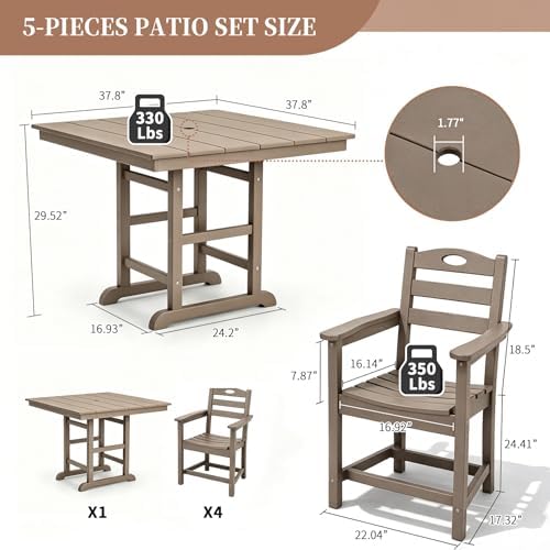 Outdoor Patio Dining Square Table and Armchair 5 Piece Set, Brown