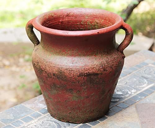 Goodman and Wife Egyptian Era Designed Earthen Ware Terra-Cotta Vessel/Planter with Looped Handles (Flared Lip Distressed Red Earth)