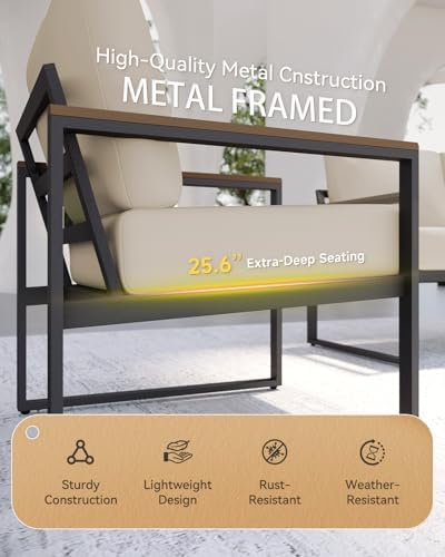 Aoxun Patio Furniture Set, 4 Piece Outdoor Patio Furniture with Thick Cushions, Modern Metal Outdoor Conversation Sets with Coffee Table for Porch, Balcony, Deck Beige
