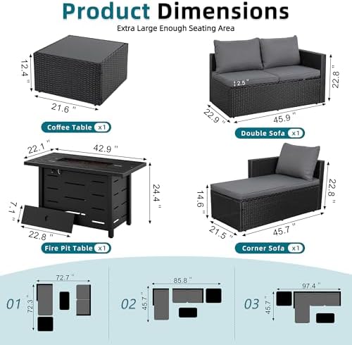 SUNLEI 4-Piece Patio Furniture Set with 43" Propane Fire Pit Table, L-Shaped PE Rattan Sectional Sofa, Washable Cushions, Outdoor Conversation Set,Black/Grey