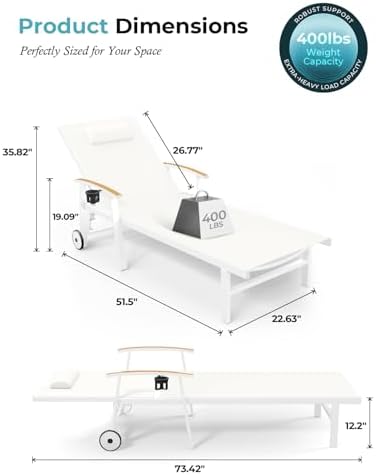 Ciokea Outdoor Lounge Chair with Pillow, 5-Position Aluminum Chaise