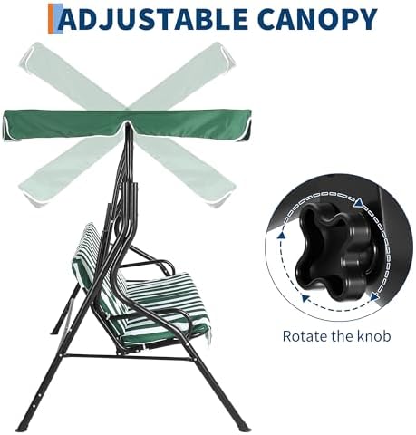 3-Seat Outdoor Patio Porch Swing with Stand, Adjustable Canopy & Thick Waterproof Cushions, Steel Frame Swing Outdoor Chair for Backyard, Front Porch, Lawn, Garden