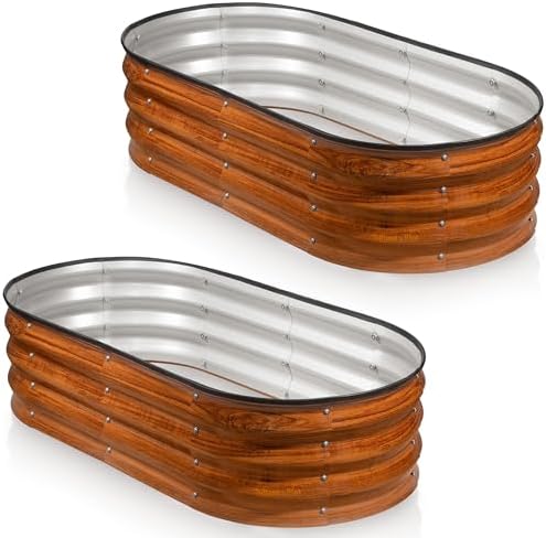 Plant & Plot Galvanized Raised Garden Beds Outdoor // 4×2×1 ft (2-Pack) Planter Raised Beds for Gardening, Vegetables, Flowers (Dark Wood Grain) // Large Metal Garden Box