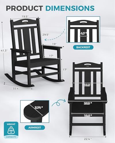 Ciokea Oversized Outdoor Rocking Chairs Set of 2, 380lbs Heavy-Duty Large Patio Rocker, High Back Cozy Porch Chairs, Weather Resistant Patio Rocking Chairs for Outside, Fire Pit, Deck, Black
