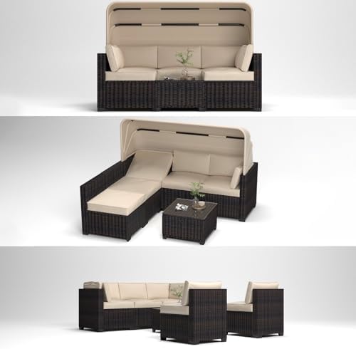 BROVAVE 83" Outdoor Rattan Sofa,6 Pieces Sets Patio Furniture with Retractable Canopy,Sectional Couch with Adjustable Backrest for Backyard,Garden,Poolside,Antique Grey White