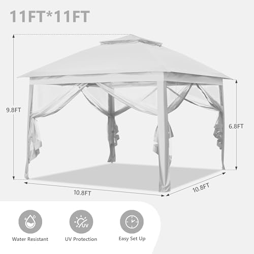 GDY 11x11FT Pop Up Canopy Tent, Outdoor Canopy with Nettings, Outdoor Gazebo for Backyard, Tent with Handbag, White.