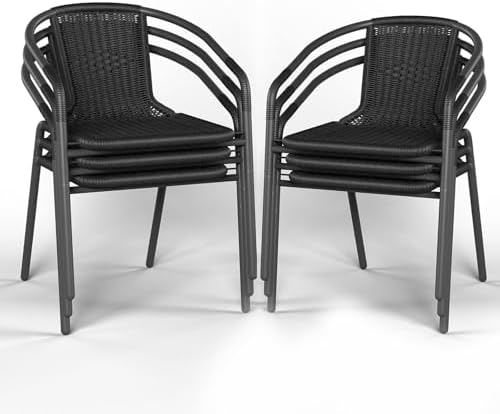 Amopatio Outdoor Dining Chairs Set of 6, Stackable Outdoor Patio Chairs, Rattan Patio Dining Chair, for Porch, Deck, Garden, Yard, Poolside, Bistro, Restaurant, Black