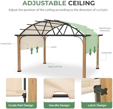 10' X 13' Outdoor Pergola with Retractable Canopy, Wood Grain Metal Patio Pergola Shade, Aluminum Pergola for Deck, Backyard, Garden, Poolside