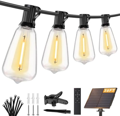 Brightever 36FT Solar String Lights Outdoor Waterproof with Remote, 12+1 Shatterproof ST38 LED Bulbs, Warm White & 3 Lighting Modes, Dimmable Outdoor Solar Lights for Patio, Camping, Party
