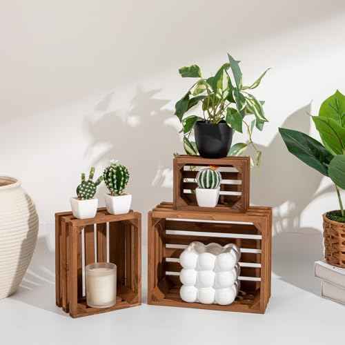 Set of 3 Nesting Wooden Storage Crates - Rustic Wooden Storage Crates for Display Brown Wood Container Boxes Wood Baskets for Farmhouse Flower Stand Display Rack for Shops or Exhibitions Home Decor