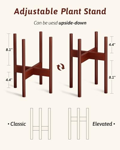 GENTINGBRO Adjustable Plant Stand Indoor, Bamboo Plant Stand Fits 8 9 10 11 12 Inches, Small Corner Planter Holder for Indoor Plants, Single Floor Plant Stands for Living Room Balcony, Reddish Brown