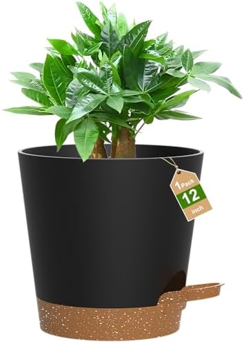 12 inch Large Self Watering Pots for Indoor Plants, Plastic Planters Pots with Multi-Mesh Drainage Holes and Saucer, Flower Pot for Indoor and Outdoor Garden Plants (Black with Brown)