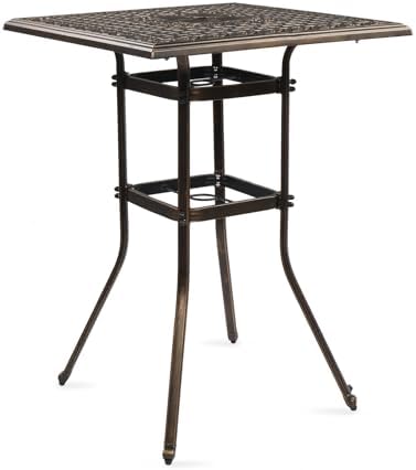 Outdoor Bar Height Patio Table, All-Weather Cast Aluminum Square Bistro Table with 2" Umbrella Hole for Porch, Balcony, Backyard & Garden, Antique Bronze