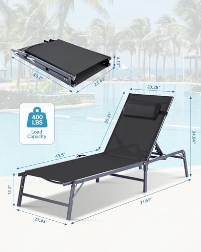 2 Pack Foldable Chaise Lounge Chair with Cup Holder, Assemble-Free