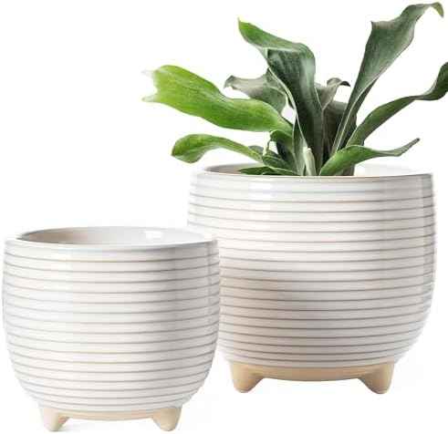 LE TAUCI Ceramic Plant Pots, 5.1 + 6.4 Inch, Set of 2, Reactive Glaze White