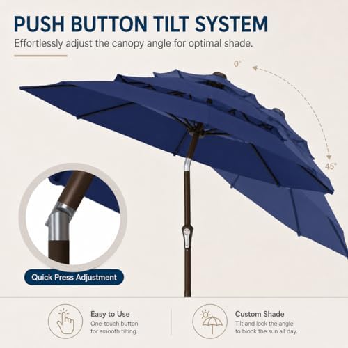 10ft Patio Umbrella, 3-Tier Vented Outdoor Table Umbrella with 8 Sturdy Fiberglass Ribs, Windproof Market Umbrella with Push Button Tilt and Crank, UV Protection for Deck, Pool, Navy Blue