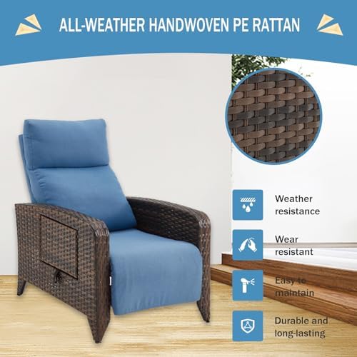 ZZW Upgraded Outdoor Recliner Chair, Reclining Patio Chairs with Adjustable Back up to 150°Lay Flat and Extended Footrest, Wicker Recliner Chairs with Flip Table and Removable Olefin Cushion