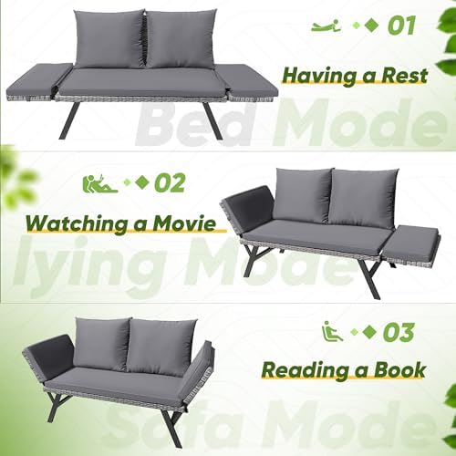 Greesum Outdoor Sofa,Convertible Daybed or Double Chair,Gray & Blue