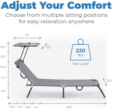 ComfySure Folding Outdoor Lounge Chair with Canopy - Portable & Adjustable Beach Lounge Chair - 5-Positions, Carry Handles, 600D Fabric, 220 lbs Capacity – Tanning Chaise Lounge for Beach, Patio