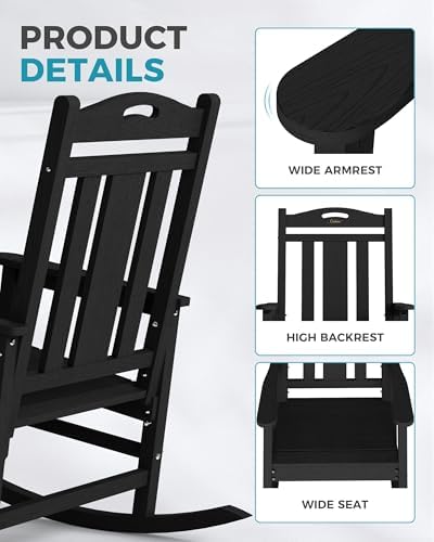 Ciokea Oversized Outdoor Rocking Chairs Set of 2, 380lbs Heavy-Duty Large Patio Rocker, High Back Cozy Porch Chairs, Weather Resistant Patio Rocking Chairs for Outside, Fire Pit, Deck, Black