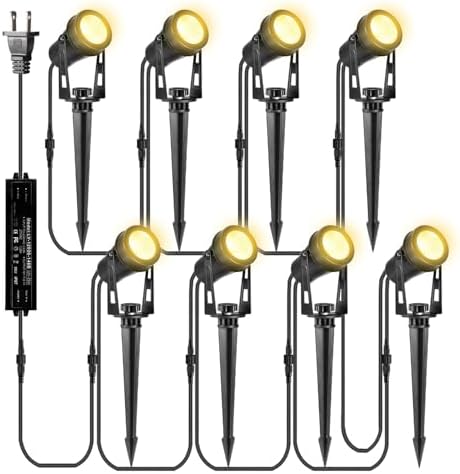 ALOVECO Low Voltage Landscape Lights, 8 Pack LED Spot Lights Outdoor with 30W Transformer IP65 Waterproof, Plug in Outdoor Landscape Lighting for Yard Garden Tree House Flag Pathway (Warm White 2700K)