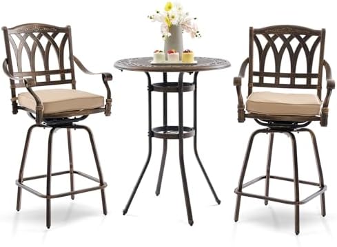 3 Piece Swivel Outdoor Table and Chairs Bar Set, All-Weather Cast